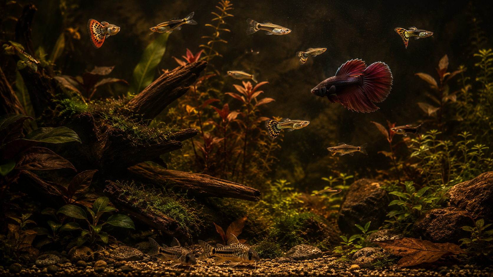 A lush planted freshwater community aquarium, several small colorful fish (guppies, a betta, corydoras)