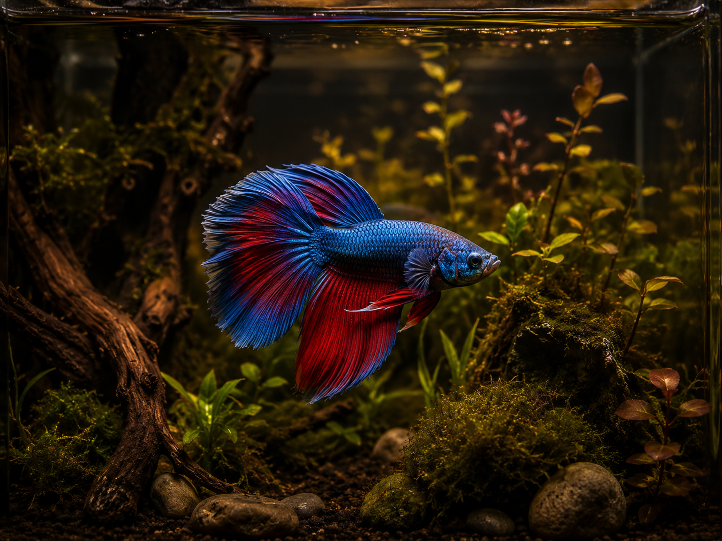 A single vibrant betta (blue/red) in a planted nano tank, IBP dark-gothic styling, gold rim light