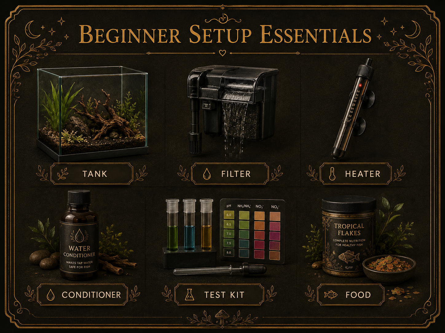 A clean 'beginner setup essentials' flat-lay or labeled brand card (tank, filter, heater, conditioner, test kit, food)
