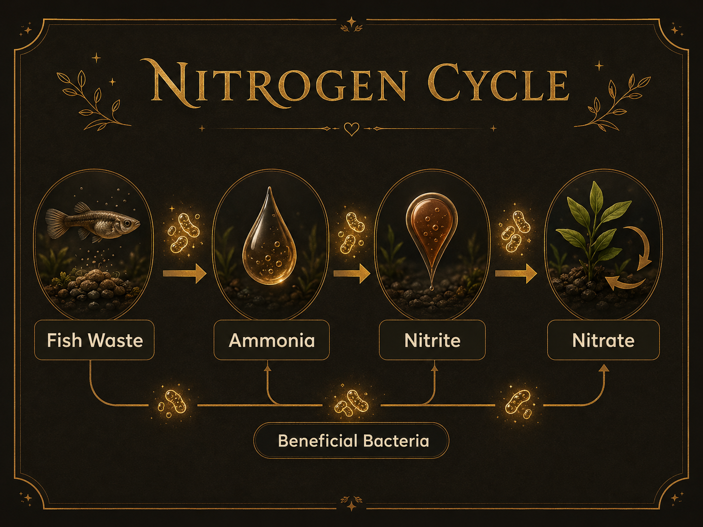 A simple, friendly nitrogen-cycle diagram (fish waste → ammonia → nitrite → nitrate, with beneficial bacteria)
