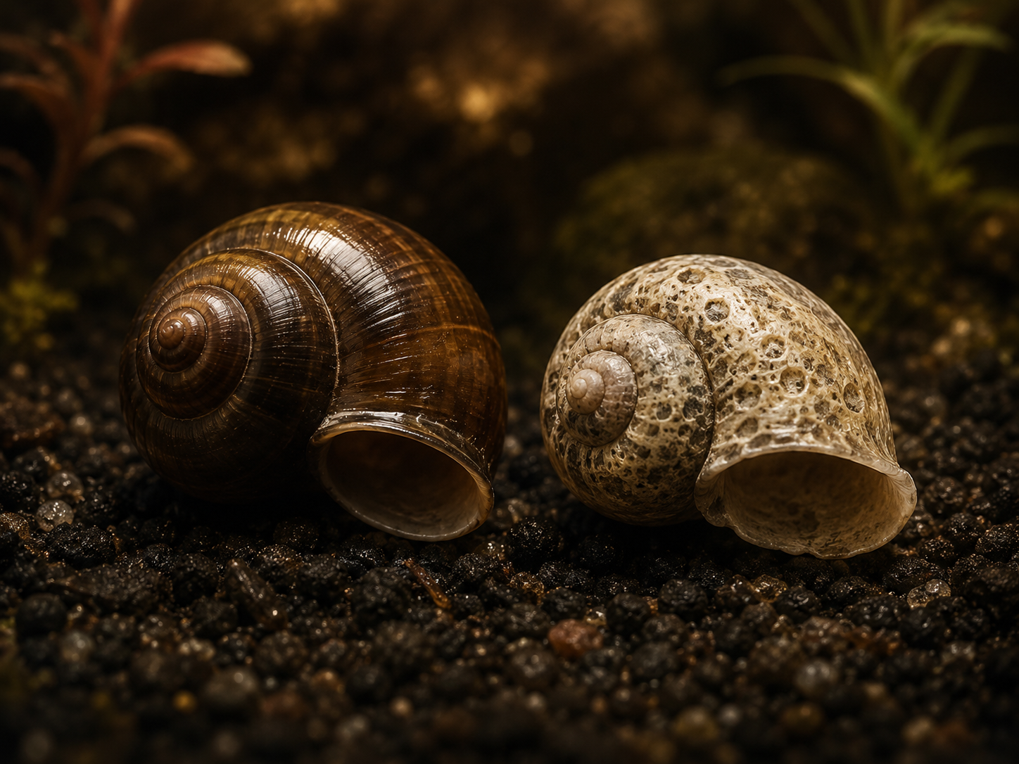Close-up of a healthy glossy snail shell beside an eroded, pitted white shell for contrast, on a dark aquascape substrat