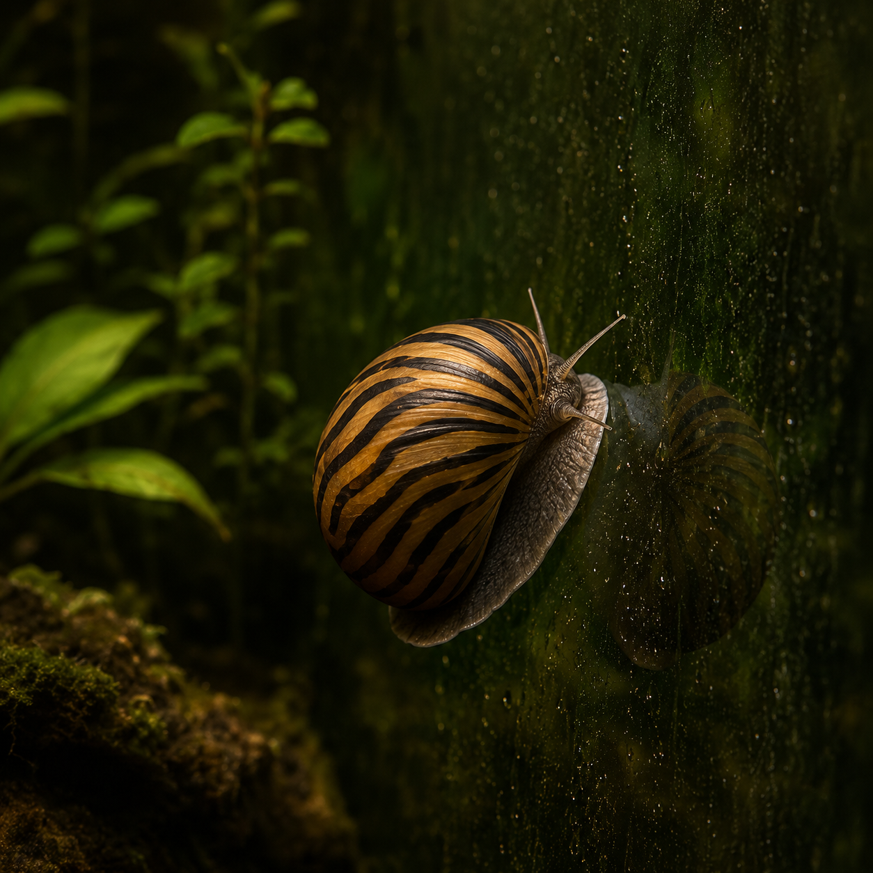 A single zebra nerite snail with bold black-and-gold striped shell grazing on green-tinted aquarium glass, water droplet