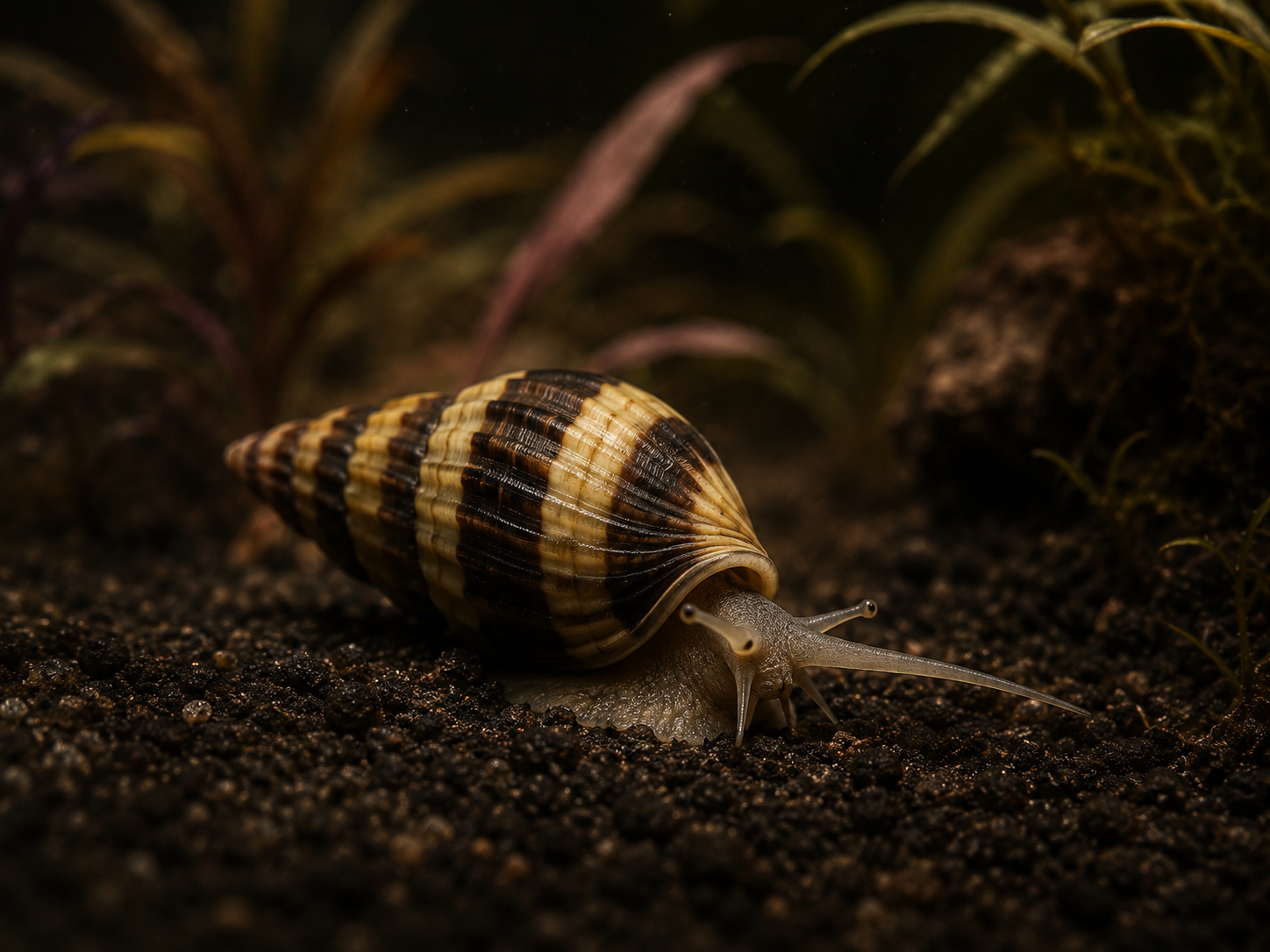 An assassin snail with its striking yellow-and-brown striped conical shell emerging from dark aquarium substrate, moody 