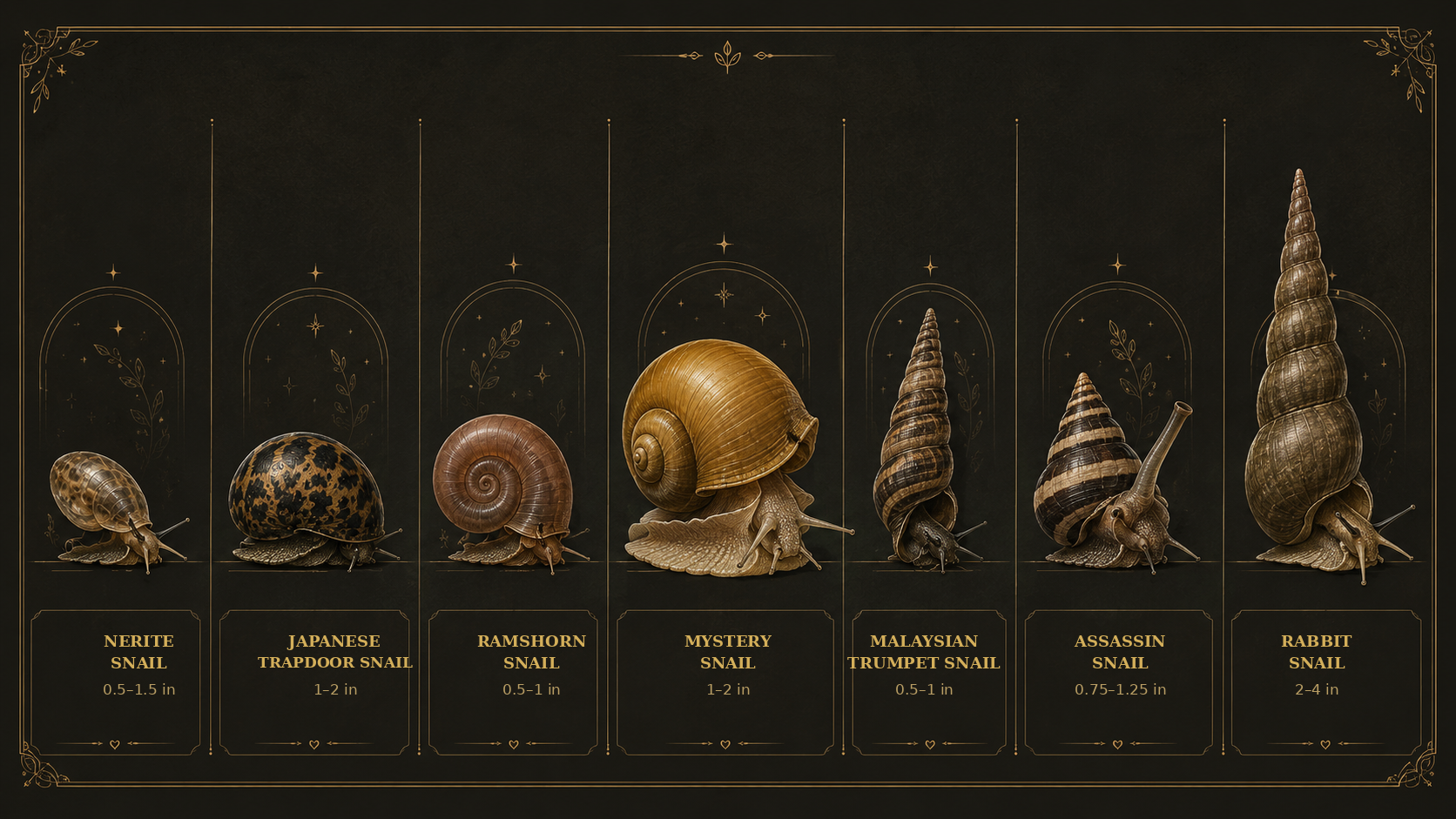 A clean infographic-style comparison plate of the 7 freshwater snail species side by side with silhouettes and adult siz