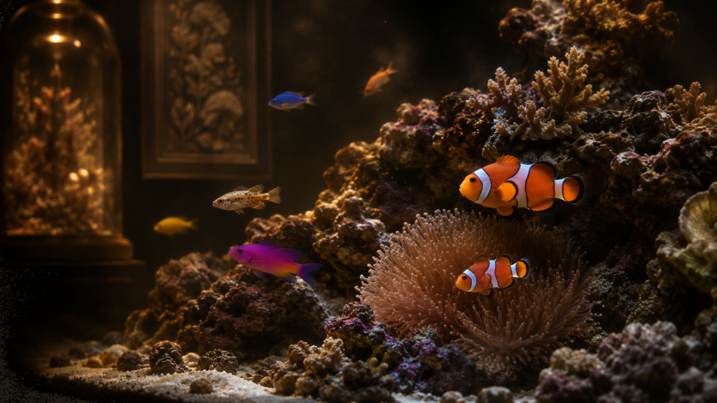 A vibrant beginner saltwater aquarium with a pair of orange ocellaris clownfish, a purple royal gramma, and live rock, s