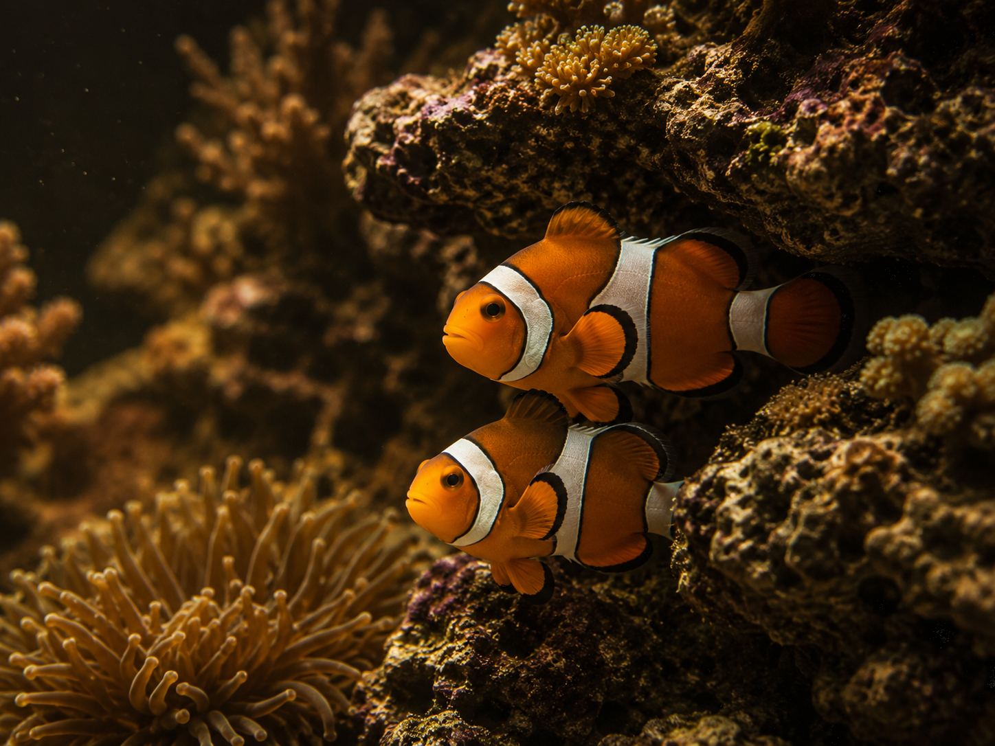 A pair of orange-and-white ocellaris clownfish nestled near a rock ledge in a reef tank, IBP dark-gothic styling, gold r