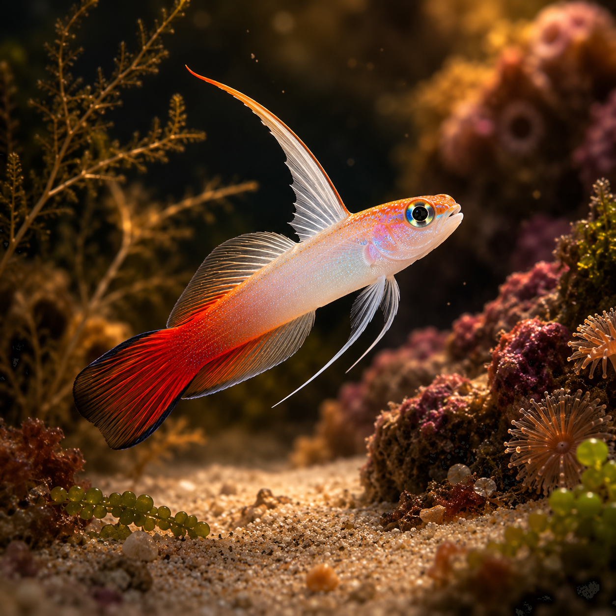 A slender white-and-red firefish goby hovering above sand with its tall dorsal fin raised, planted reef backdrop, IBP da