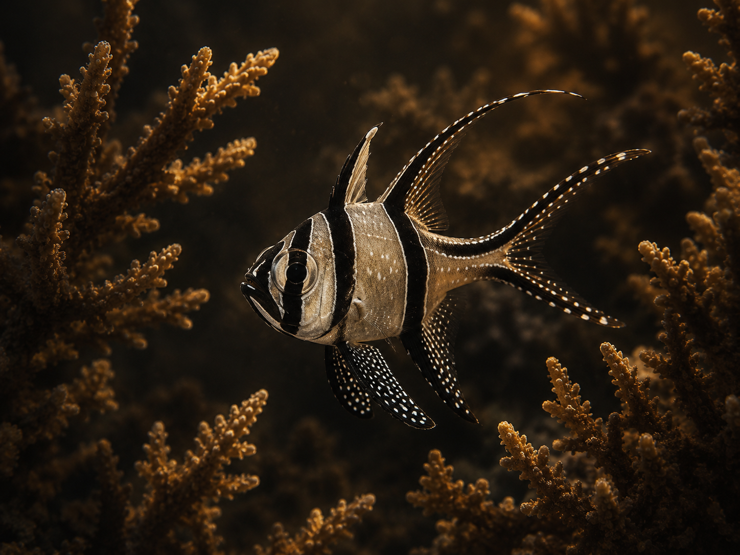 A Banggai cardinalfish with dramatic black vertical stripes and trailing fins hovering among branching coral, IBP dark-g