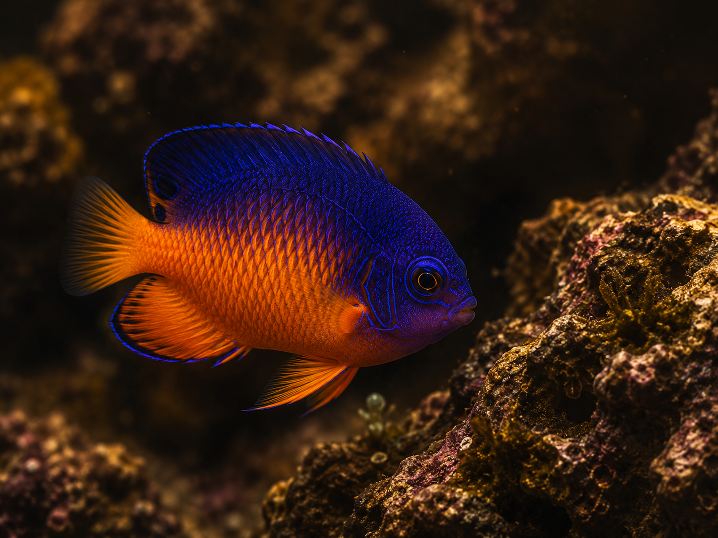 A deep-blue-and-orange coral beauty dwarf angelfish swimming past live rock, IBP dark-gothic styling, warm gold accent l