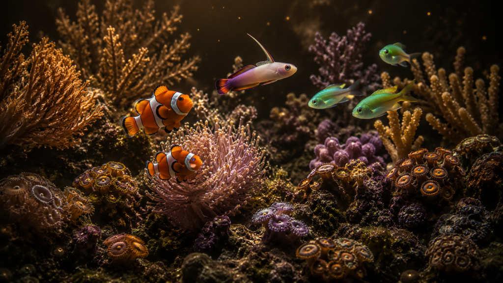 A colorful reef aquarium full of corals with several small reef fish — clownfish, a purple firefish, a green chromis — s