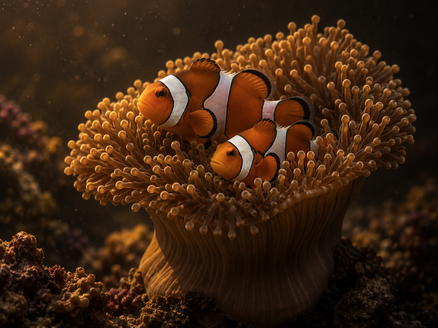 A pair of ocellaris clownfish nestled in the tentacles of a toadstool coral in a reef tank, IBP dark-gothic styling, gol