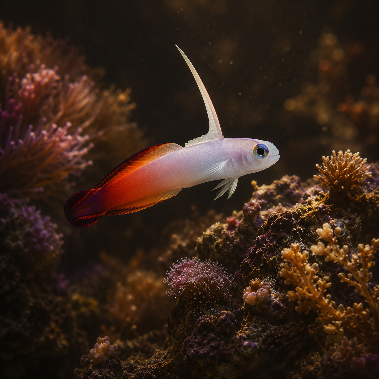 A white-and-red firefish goby hovering over a coral-covered rock with its tall dorsal fin raised, colorful reef backdrop