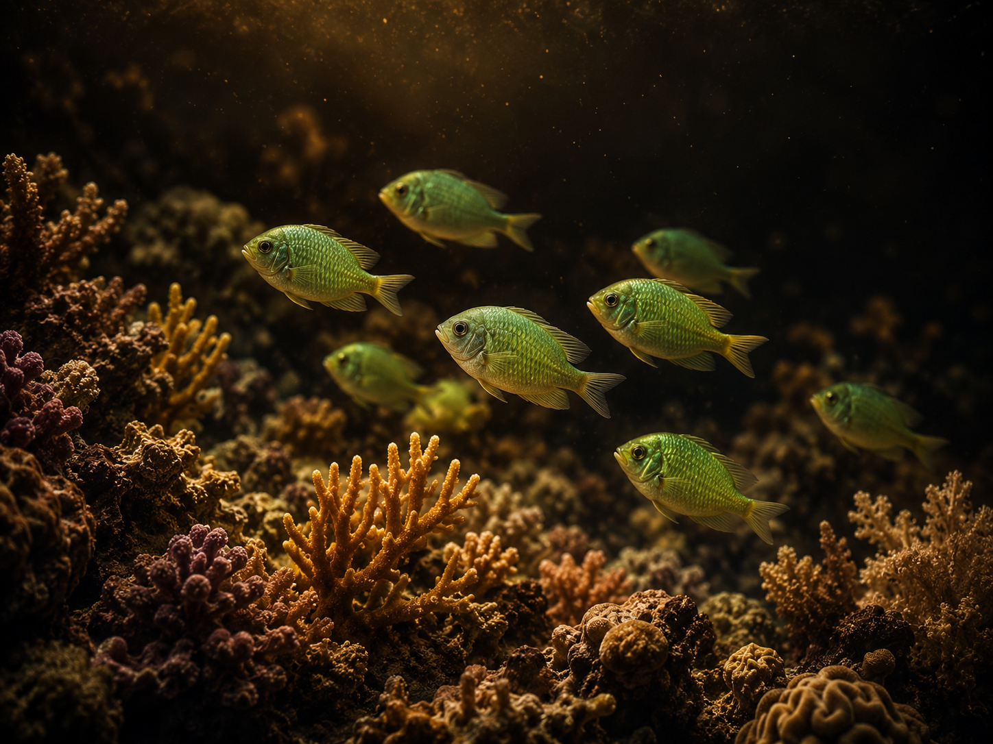 A small school of shimmering green chromis drifting above a colorful coral reef, IBP dark-gothic styling, gold accent li
