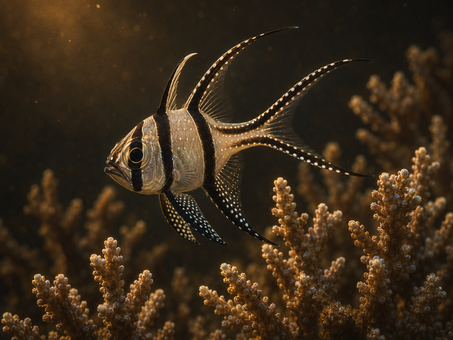 A Banggai cardinalfish with black stripes and trailing fins hovering among branching SPS coral, IBP dark-gothic styling,