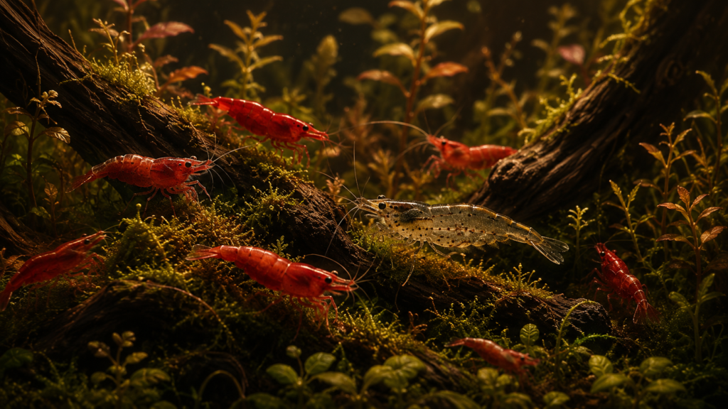 A lush planted nano aquarium close-up with several bright red cherry shrimp and a translucent amano shrimp grazing on mo