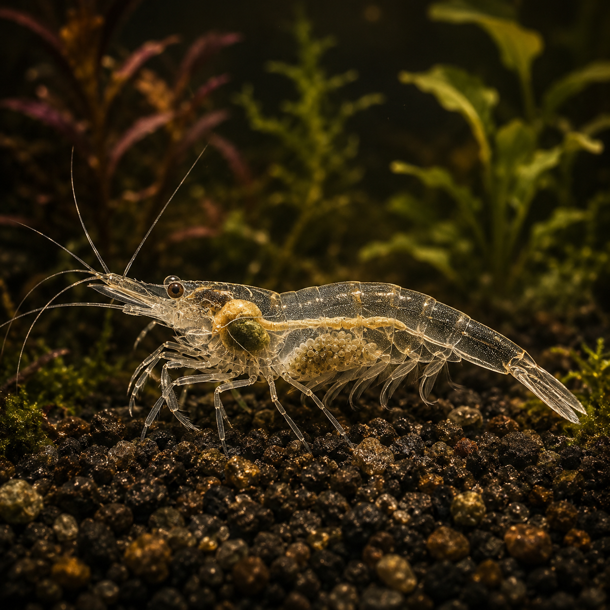A translucent ghost shrimp perched on gravel with a planted background, its internal anatomy faintly visible, IBP dark-g