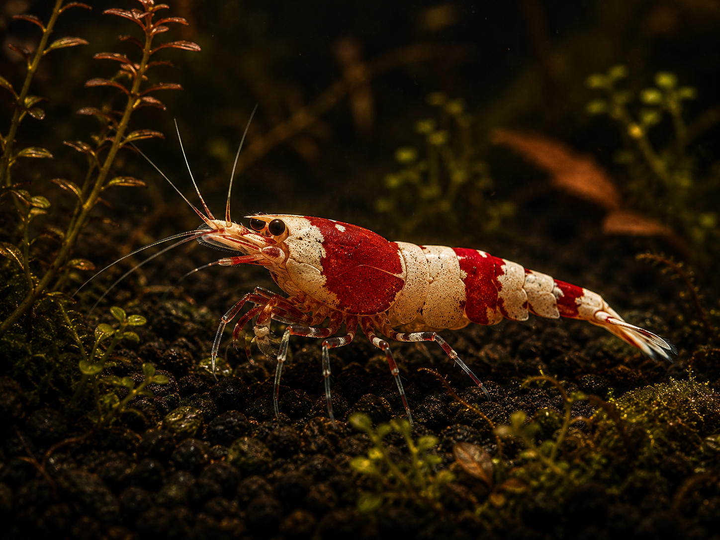 A crystal red shrimp with bold white-and-red banded shell on a dark aquascape substrate among fine plants, IBP dark-goth