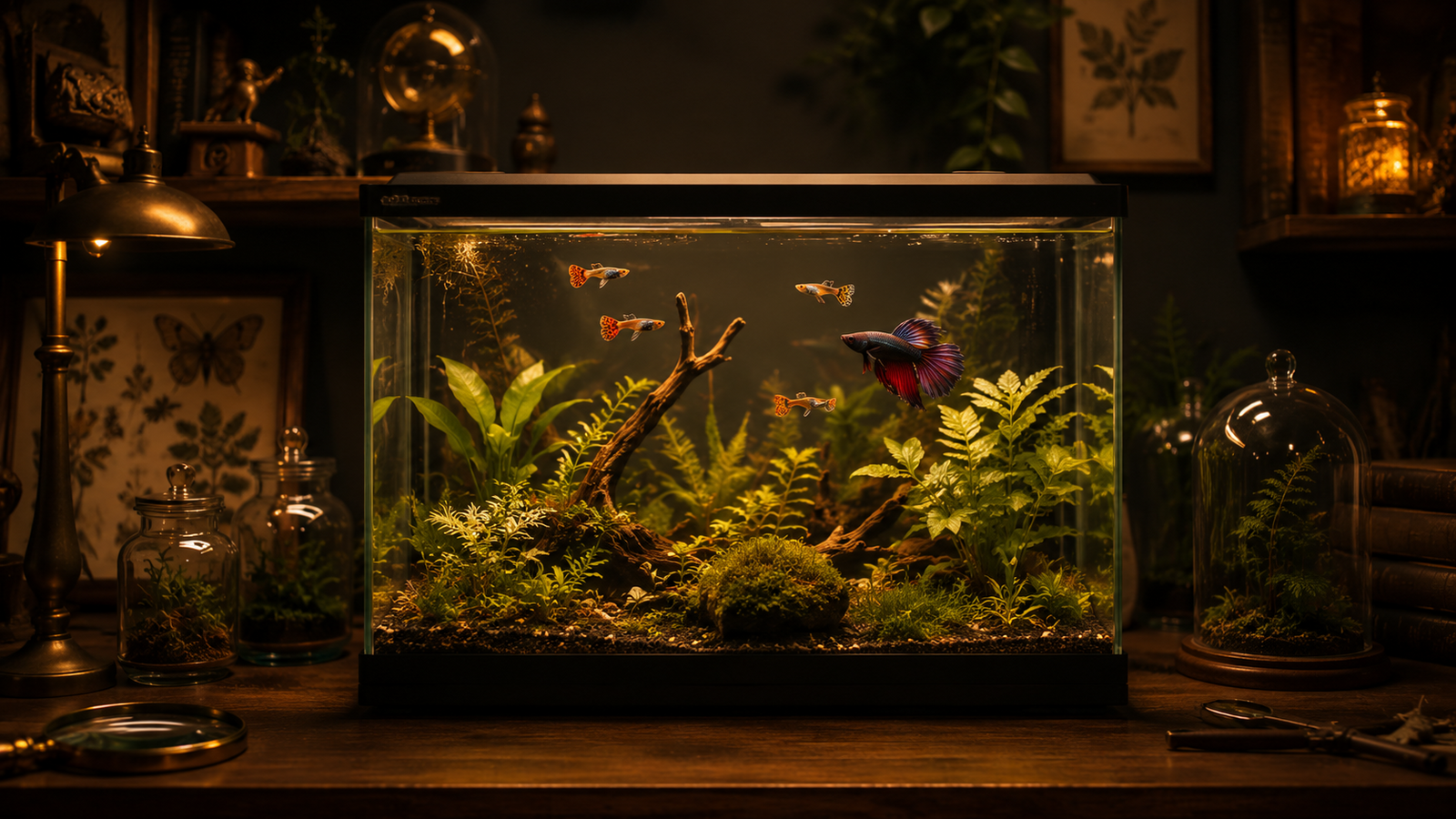 A warm, inviting home aquarium as a room centerpiece with a few colorful pet fish — a betta, some guppies — among live p