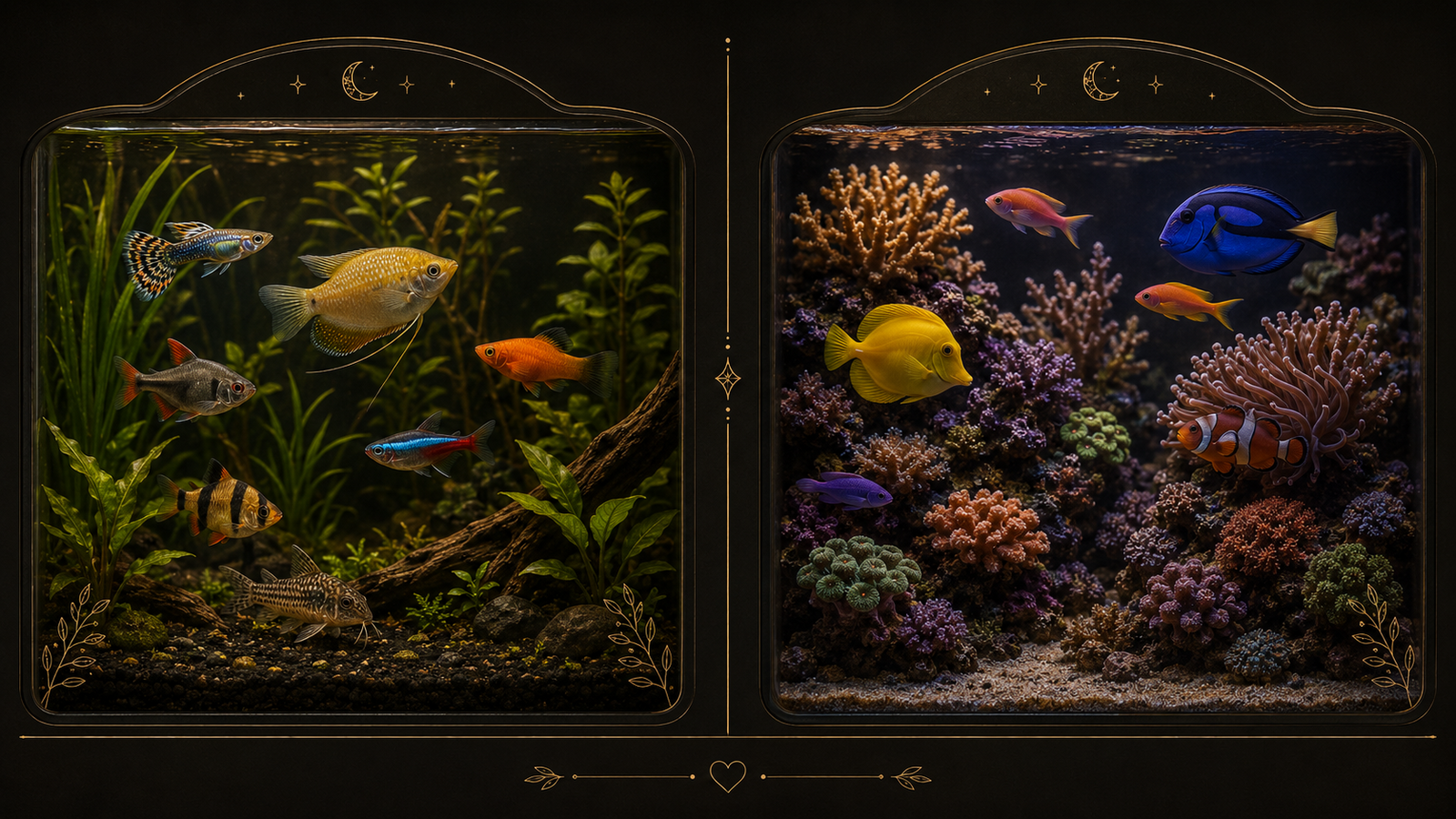 A split-style comparison image, a planted freshwater tank on one side and a colorful reef tank on the other, showing the