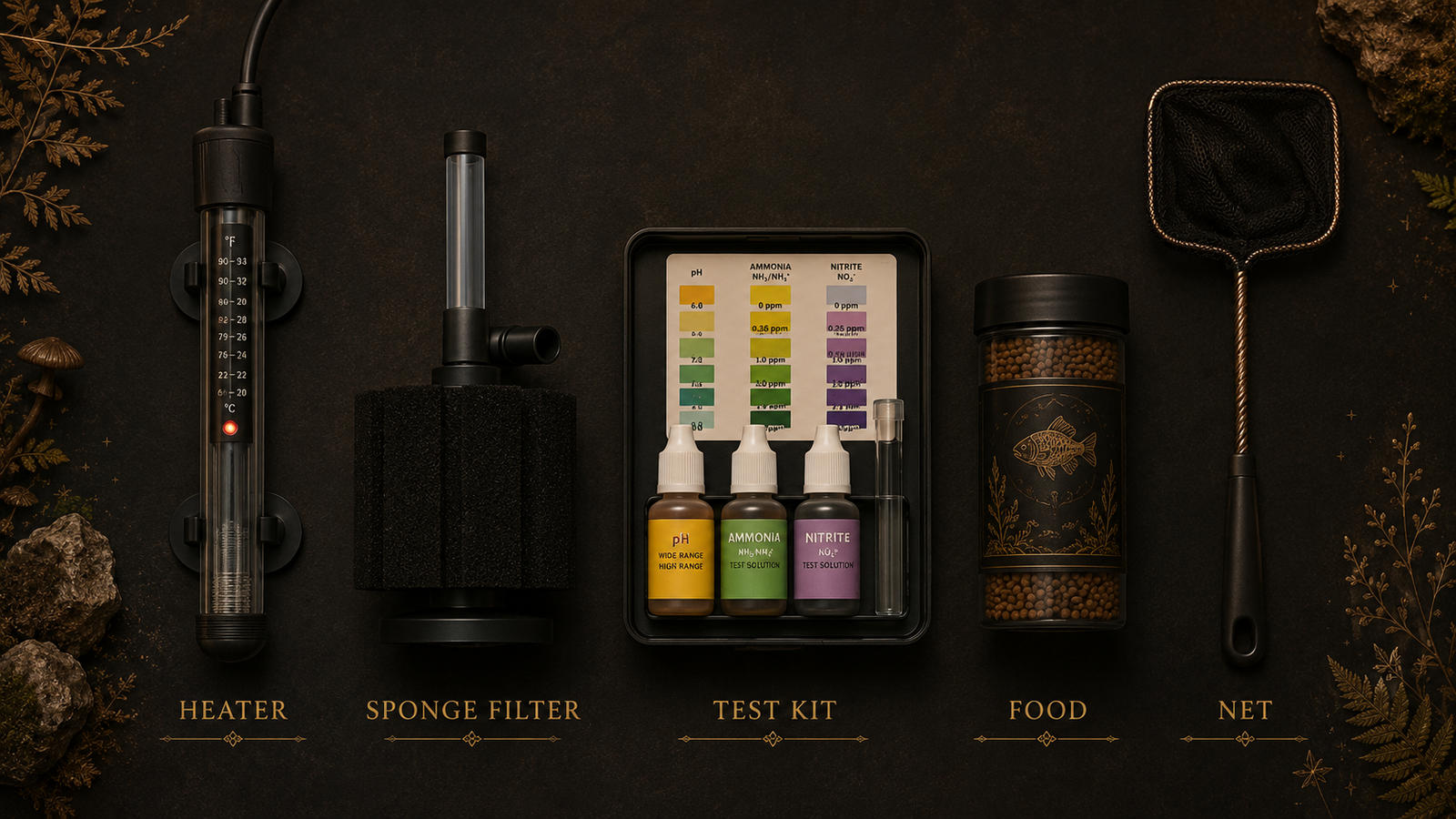 A clean flat-lay of essential pet fish equipment — heater, sponge filter, water test kit, food, net — arranged neatly on