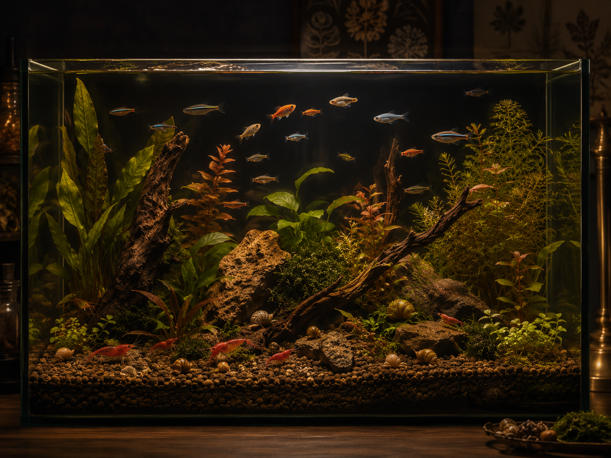 A peaceful community aquarium showing fish swimming above while snails and shrimp work the substrate below, a balanced c