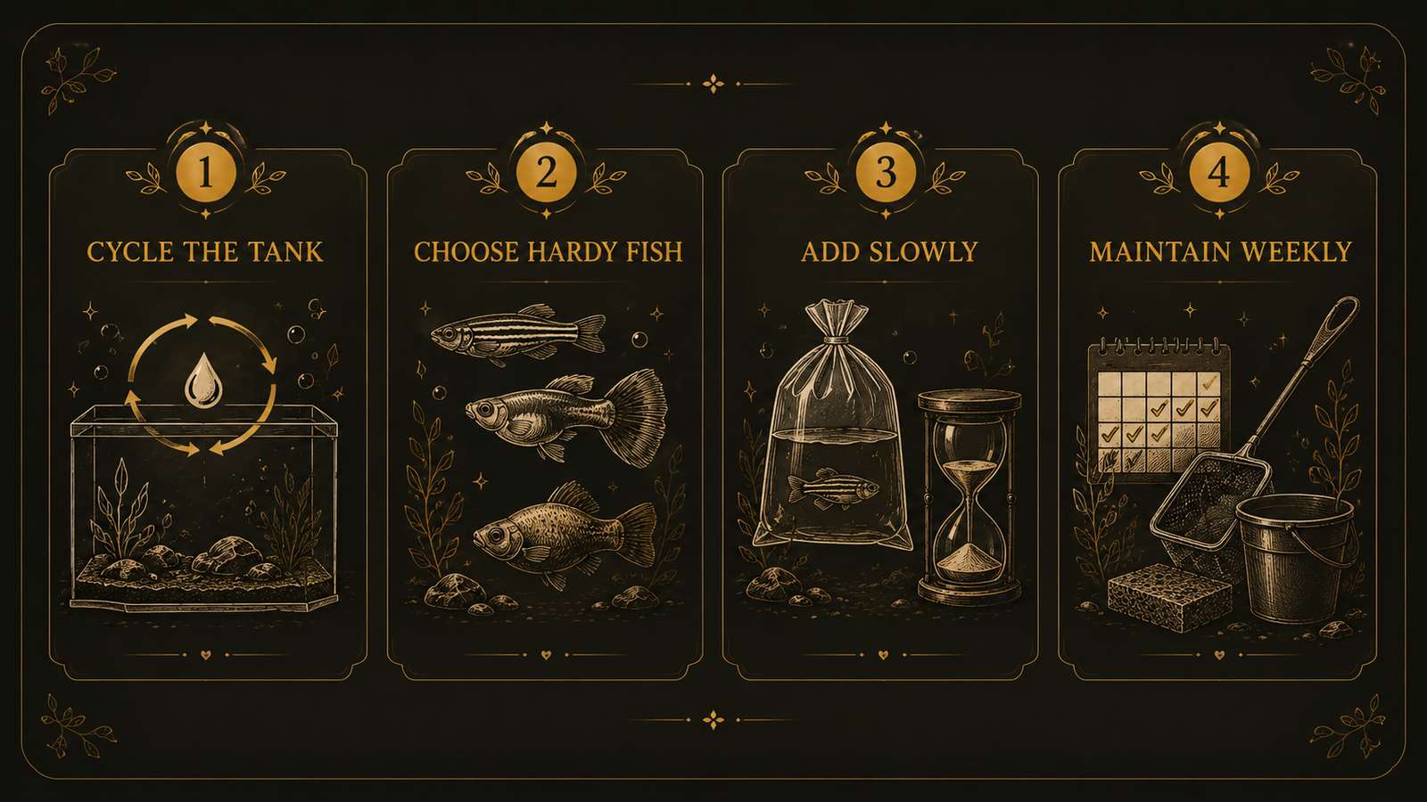 A friendly infographic-style panel showing the beginner pet fish journey — cycle the tank, choose hardy fish, add slowly