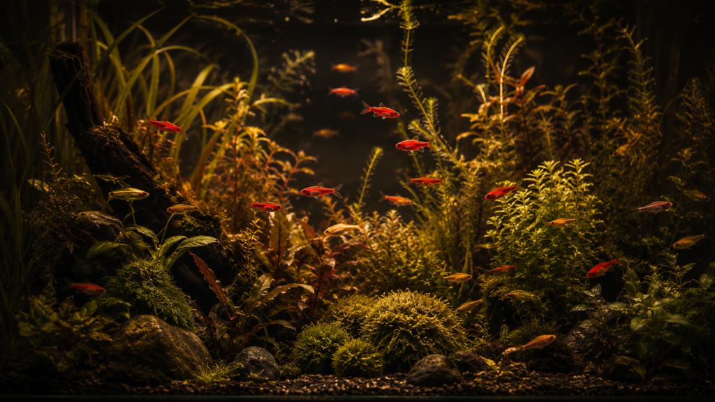 A lush, heavily planted nano aquarium alive with a school of tiny red chili rasboras and orange ember tetras darting amo