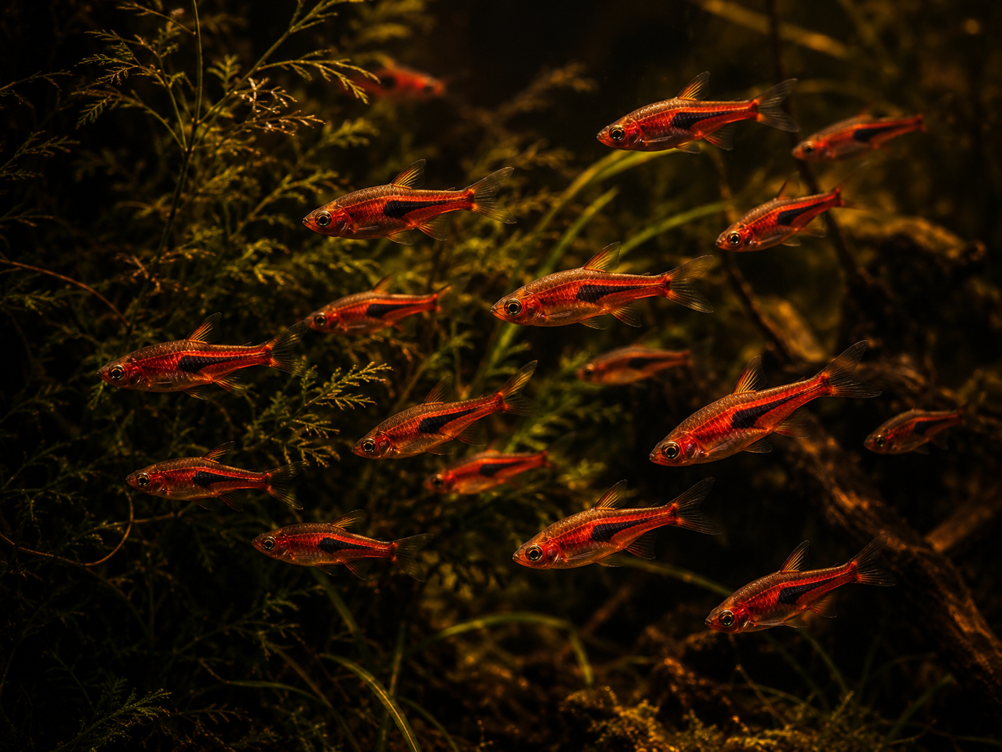 A tight school of vivid red chili rasboras against a dark planted background, tiny slender bodies glowing, IBP dark-goth