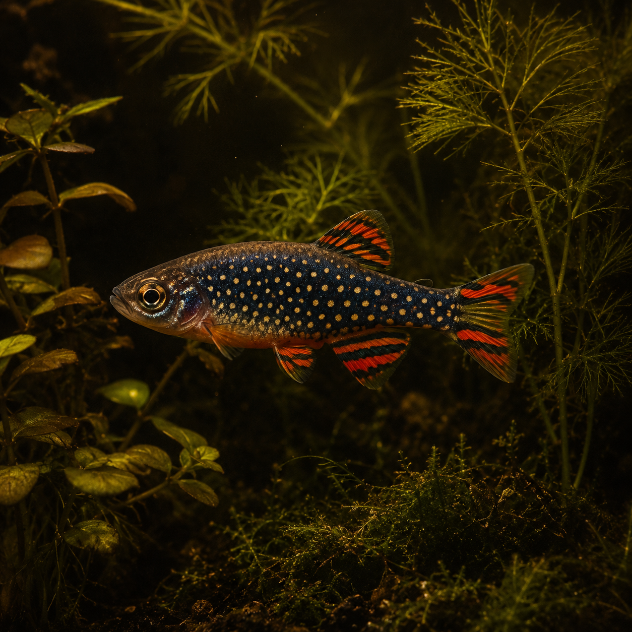 A single celestial pearl danio in sharp detail — deep blue body with pearl spots and red-striped fins — among fine green