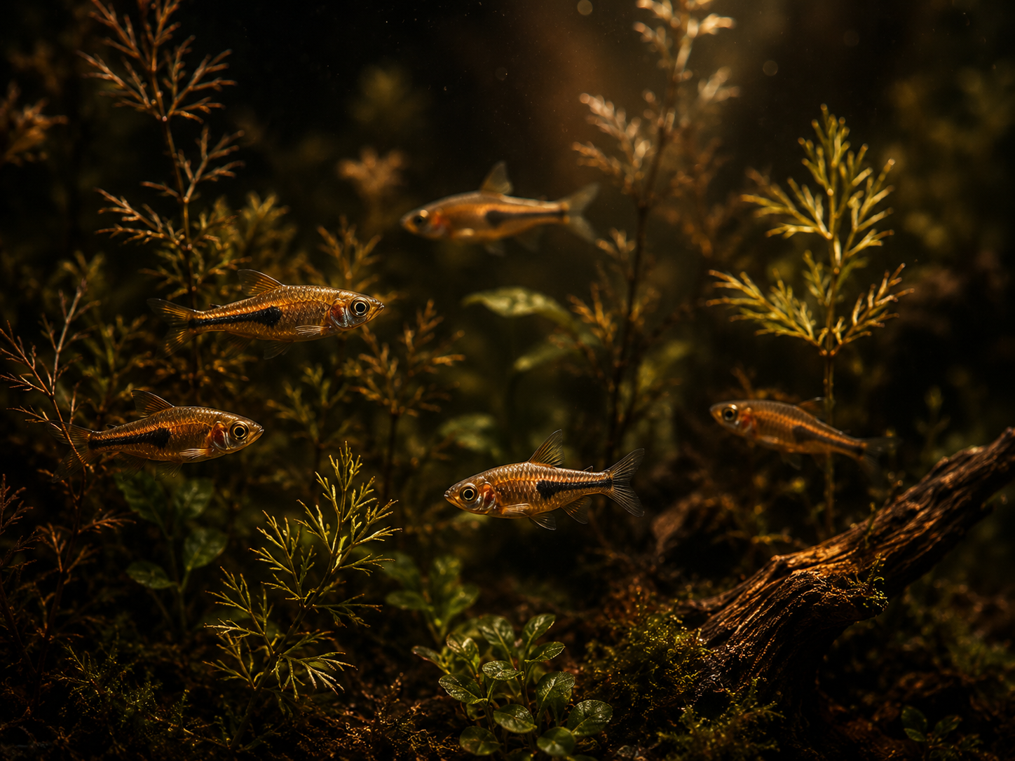 A small group of coppery dwarf rasboras drifting among fine plants in a dim planted nano tank, IBP dark-gothic styling, 