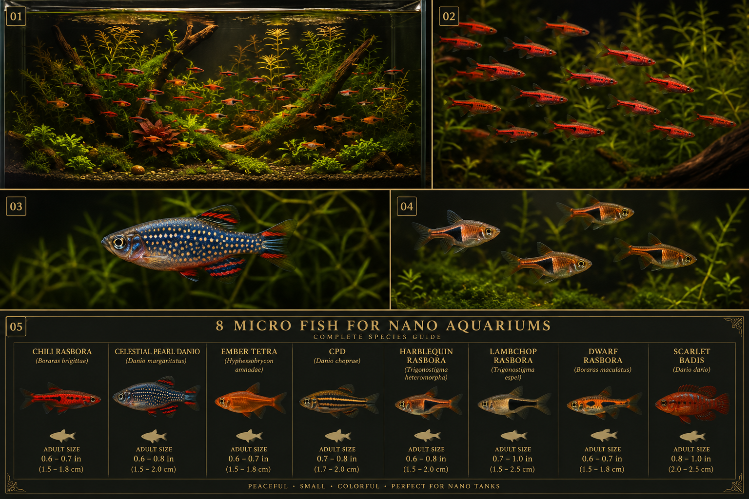 A clean comparison plate of the 8 micro fish species side by side with silhouettes and adult sizes on a dark charcoal ba
