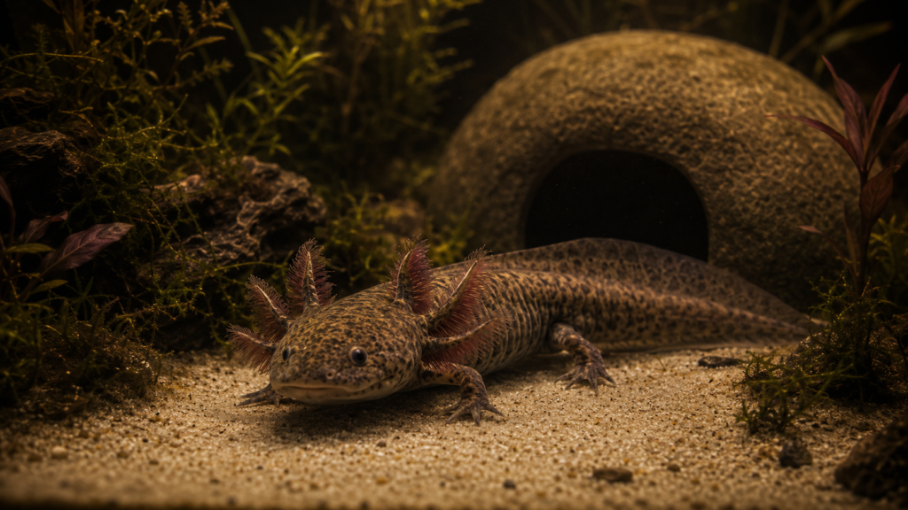 A wild-type axolotl with lush external gills resting on fine pale sand in a dim, beautifully planted cold-water aquarium