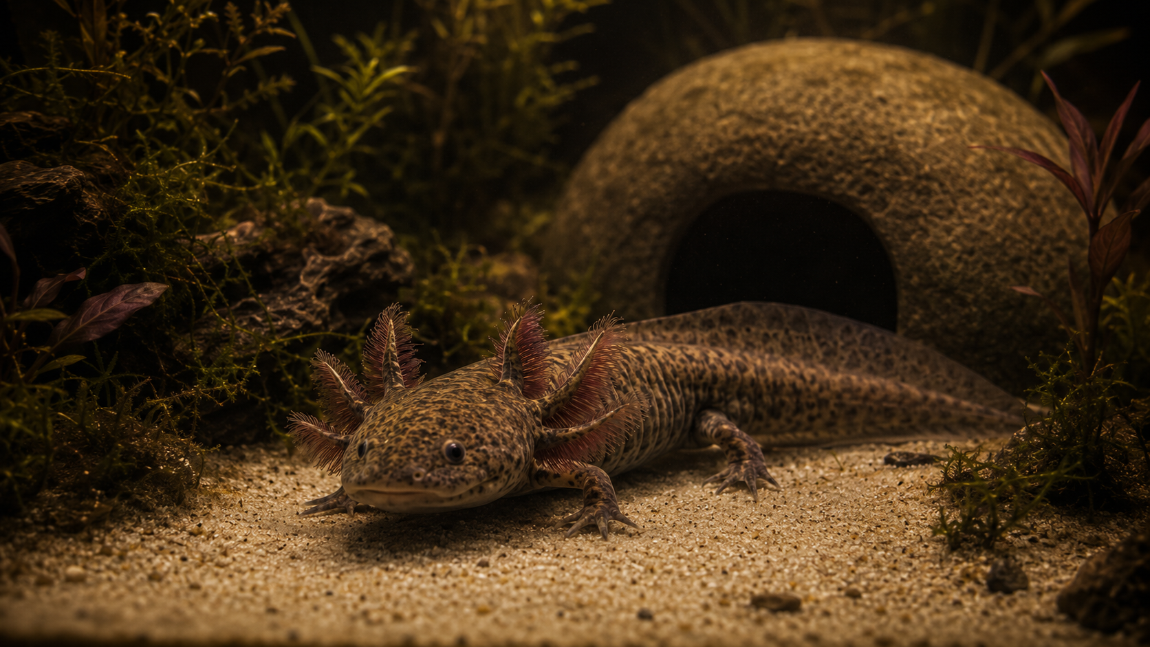 A wild-type axolotl with lush external gills resting on fine pale sand in a dim, beautifully planted cold-water aquarium