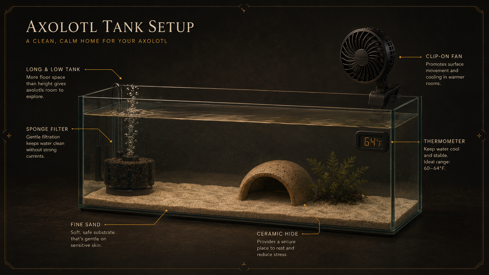 A clean axolotl tank setup rendered as an elegant annotated diagram — long low tank, sponge filter bubbling in one corne