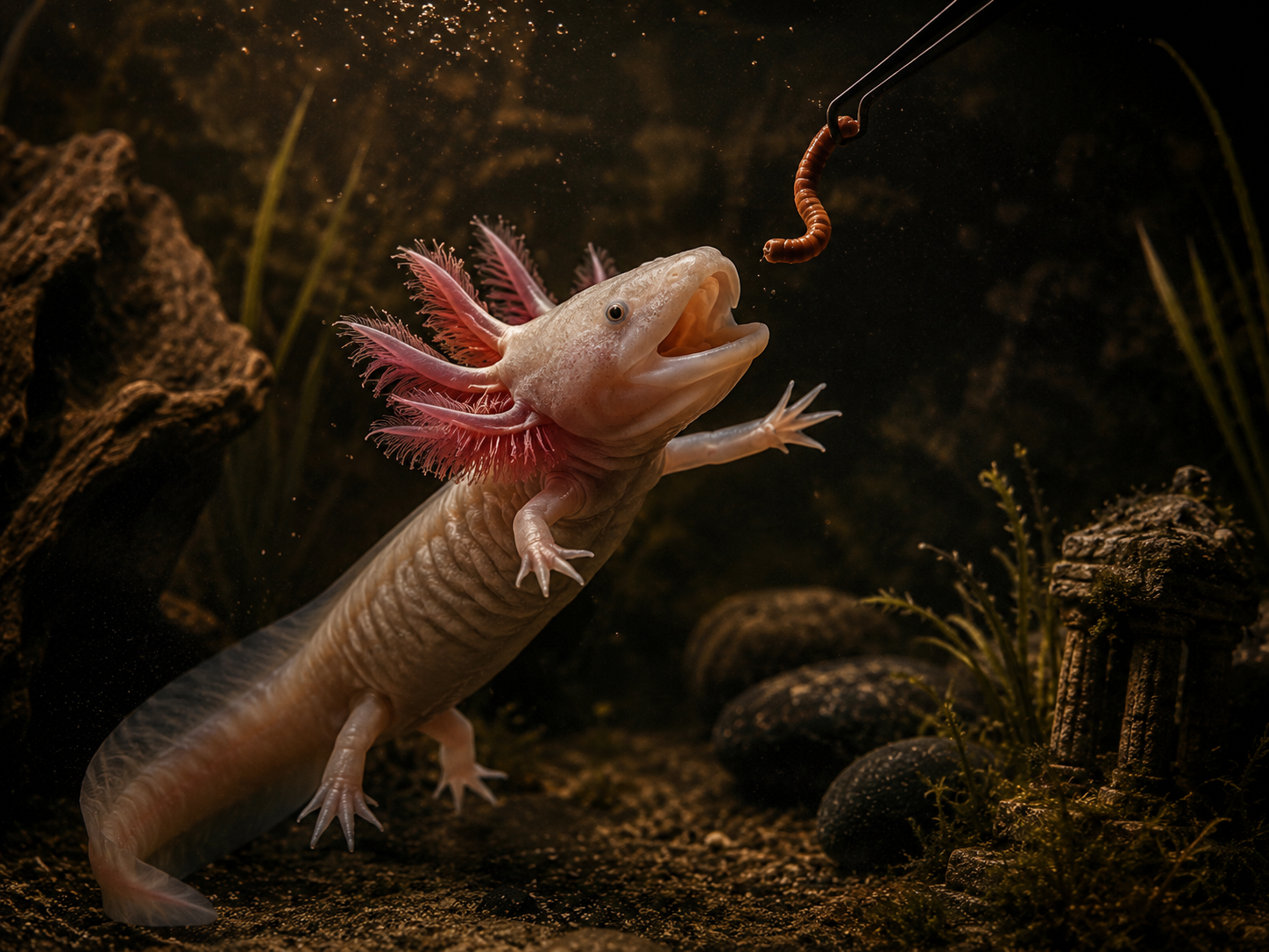 An axolotl mid-strike, lunging upward at an earthworm held by slim feeding tongs, gill filaments flared, motion and life
