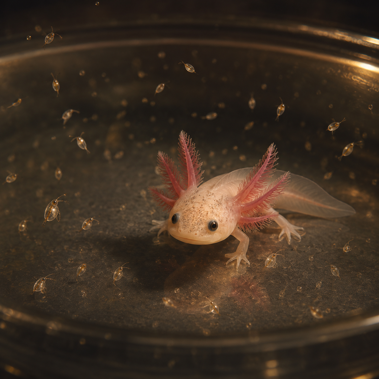 A tiny baby axolotl, gills oversized for its body, in a shallow bare-bottom rearing tub with a cloud of live daphnia, re