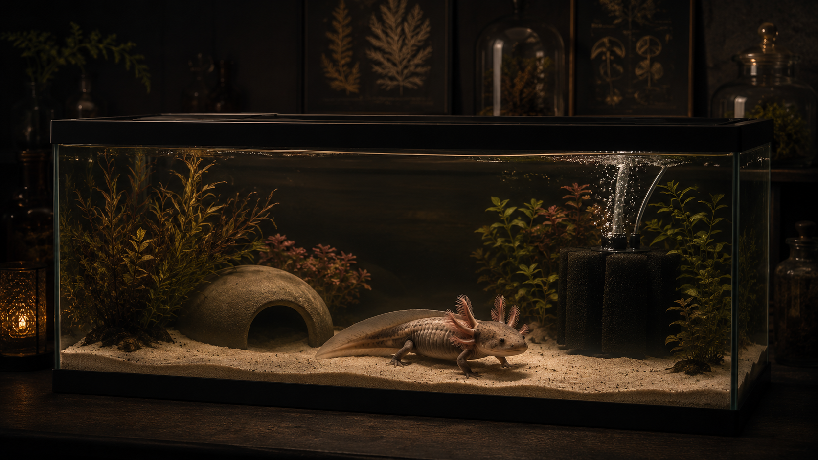 A complete axolotl tank setup shown wide — a low 20-gallon long aquarium with fine pale sand, a smooth ceramic cave, a b