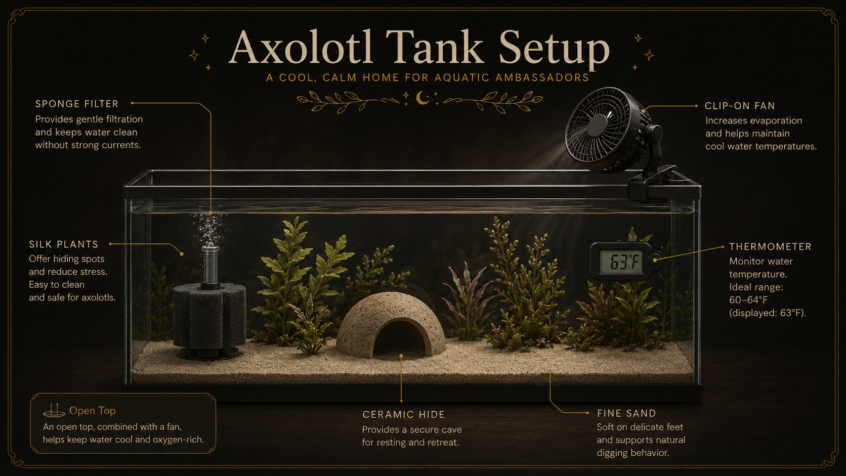 An elegant annotated diagram of an axolotl tank setup — a long low aquarium labeled with sponge filter, ceramic hide, fi