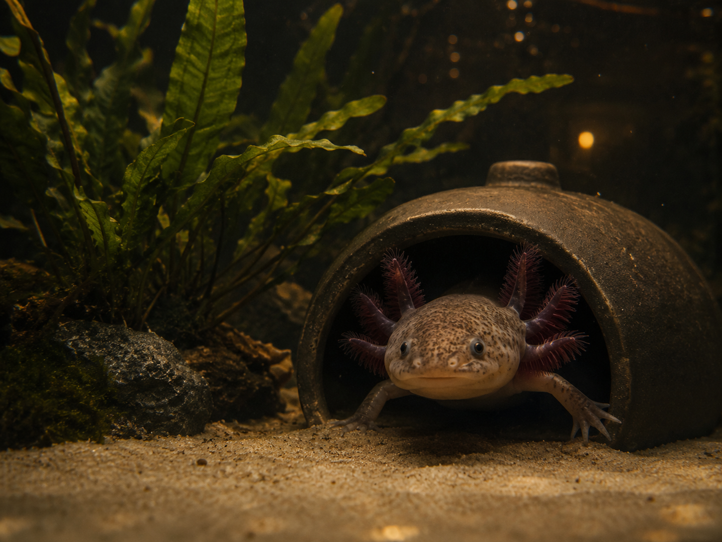 A close, atmospheric shot inside an axolotl tank setup — a wild-type axolotl peeking out of a smooth ceramic cave, silk 