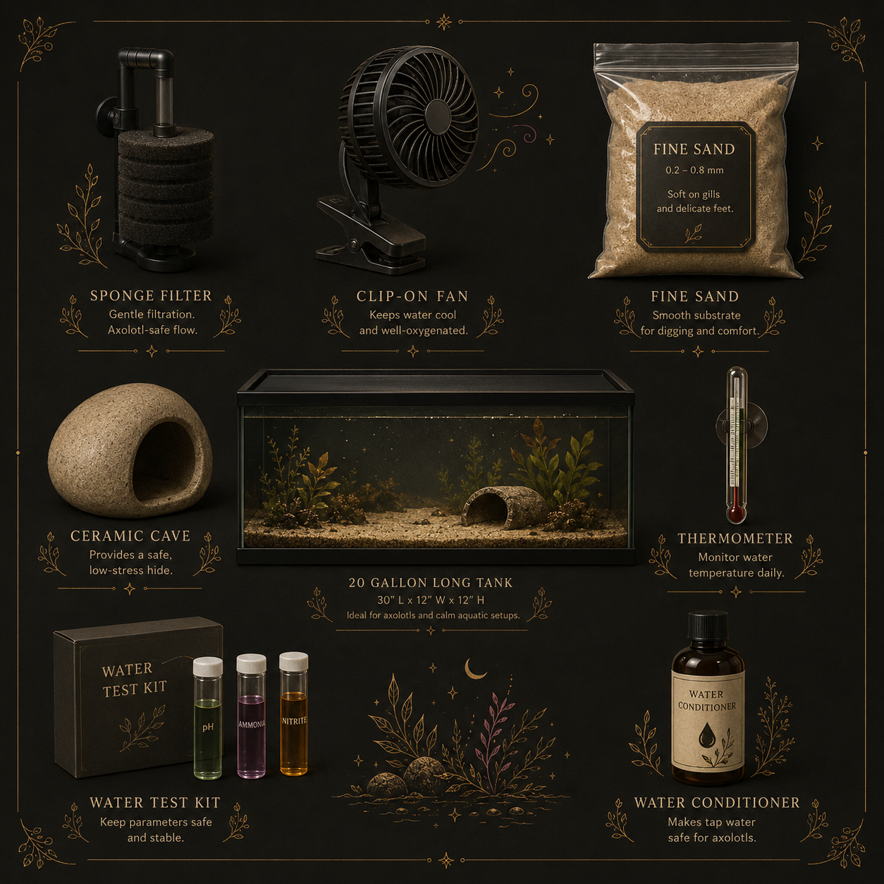 A tidy flat-lay of a complete axolotl tank setup shopping list rendered as a natural-history plate — sponge filter, clip