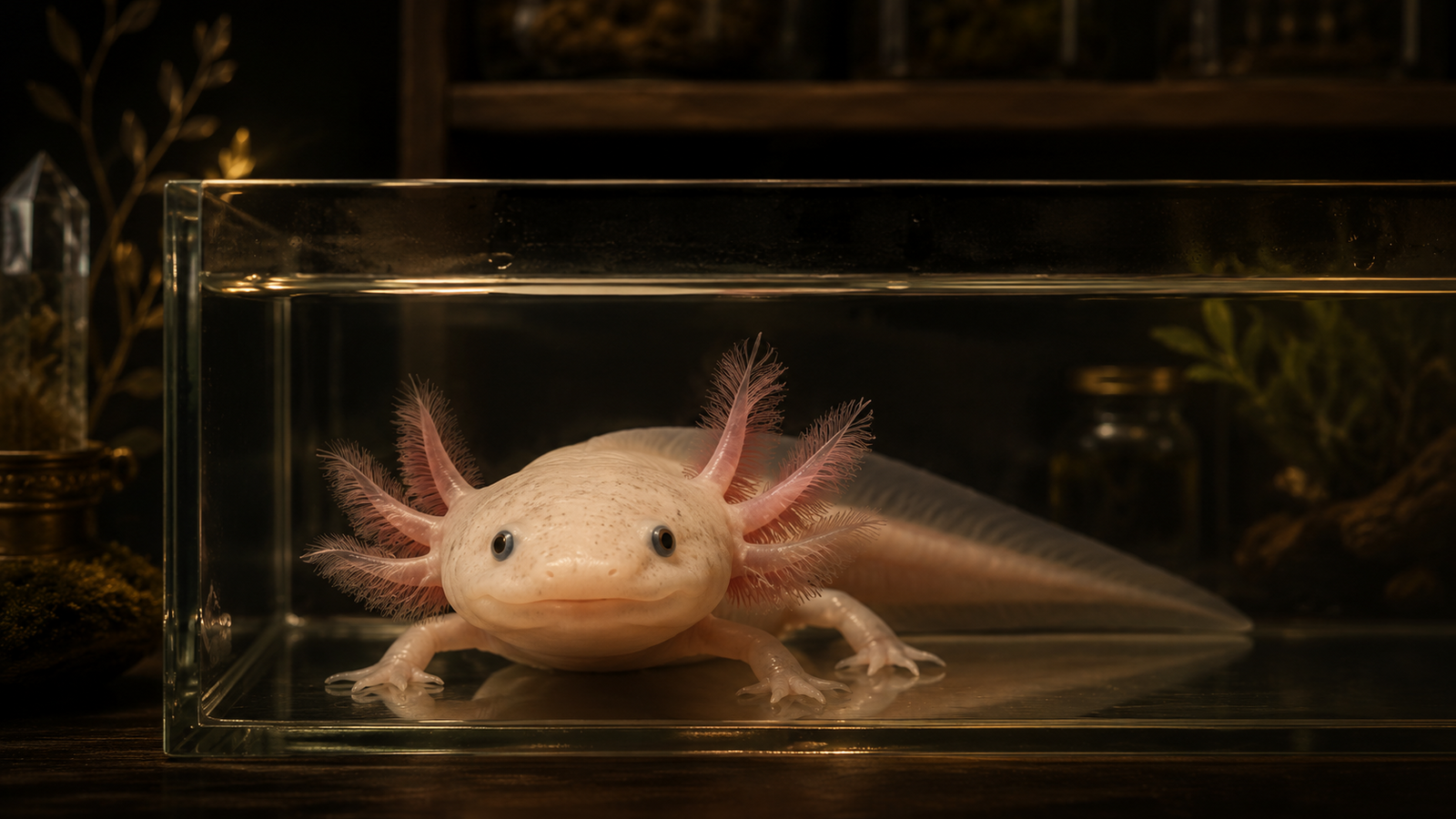 A healthy leucistic axolotl — pale pink with lush, fluffy external gills — resting on the bare glass of a clean breeder 