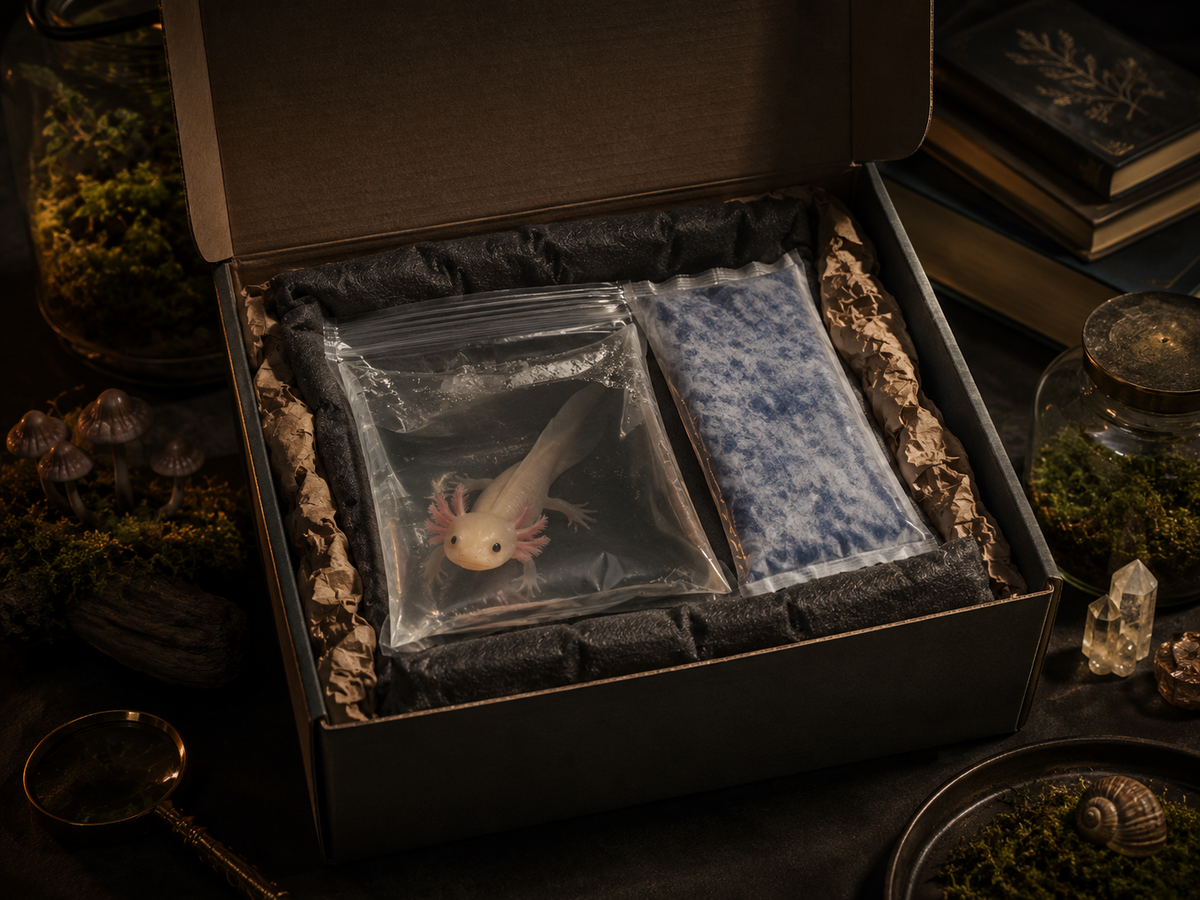 An opened insulated shipping box with the lid tilted back, revealing a breather bag nestled in padding with a small heal