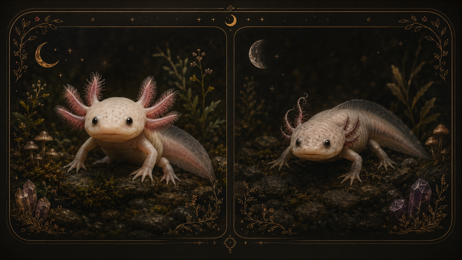 Side-by-side comparison panel — left, a thriving axolotl with full fluffy external gills and plump tail; right, a stress