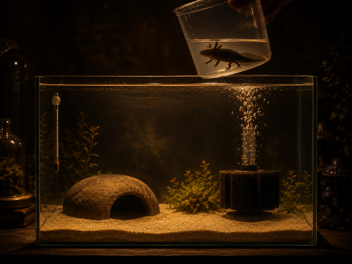 A dimly lit, fully cycled cold-water aquarium ready and waiting — fine sand, smooth hide cave, sponge filter bubbles cat