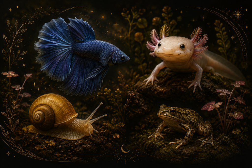 A moody, welcoming natural-history collage of aquatic pets — a sapphire betta fish, a pale pink axolotl, a golden myster
