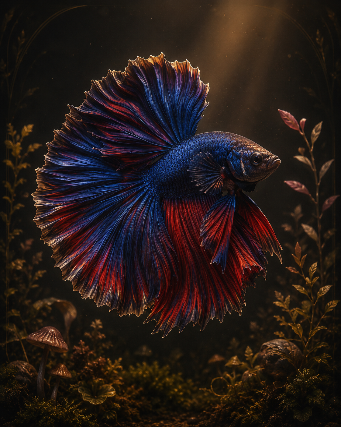 Portrait of a single male betta fish, fins fully flared, deep sapphire and crimson, against a warm charcoal background w