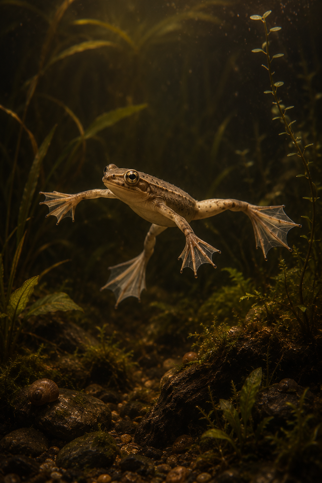 An African dwarf frog suspended mid-water in a 'zen float,' limbs outstretched, in a shadowy planted aquarium; warm gold