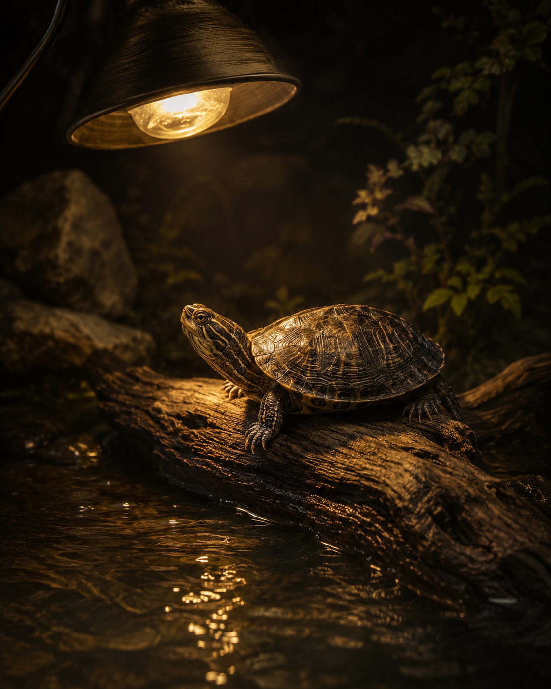 A common musk turtle hauled out on a piece of driftwood under a warm basking lamp, water glittering dark below; the lamp