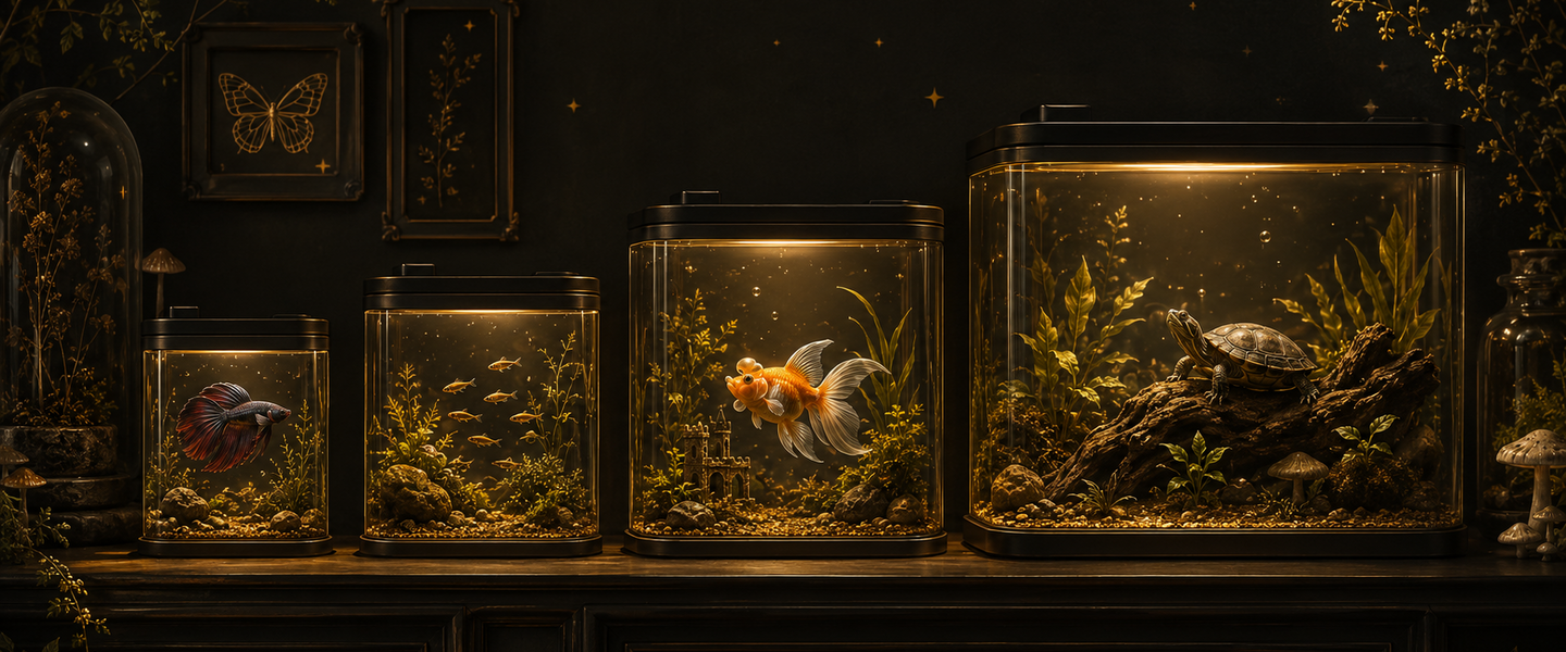 A row of glowing aquariums in ascending size — 5, 10, 20, and 40 gallons — in a dark charcoal room, each tank a warm gol