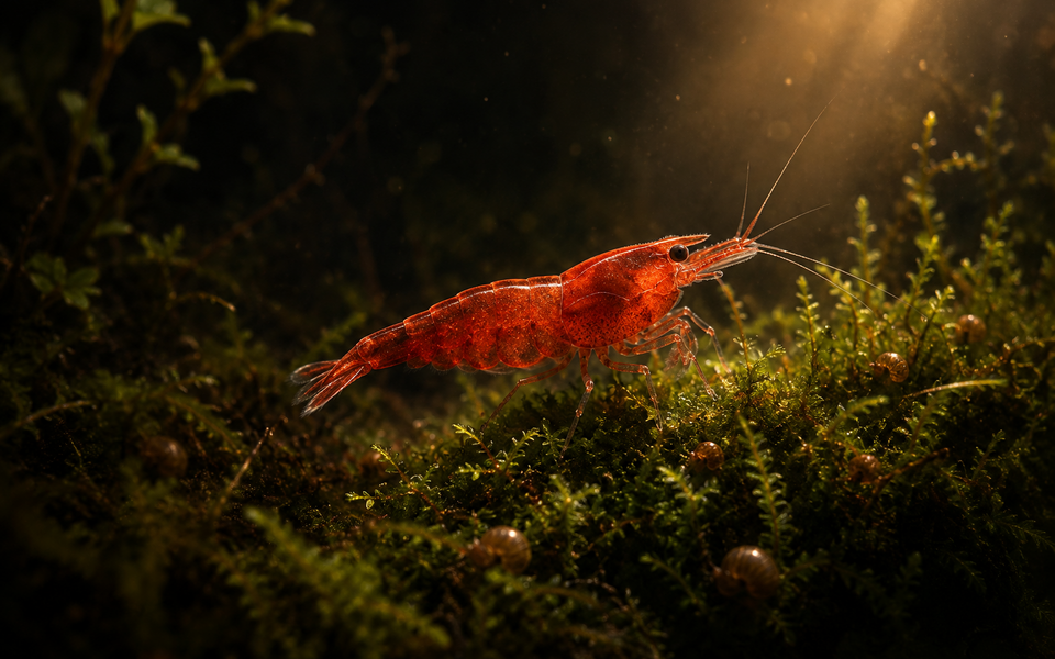 Macro shot of bright red cherry shrimp grazing on java moss in a planted 5-gallon aquarium, deep charcoal-green shadows 